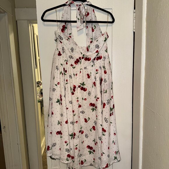 Unique Vintage - White Fit and Flare Halter Dress with Red Cherry Print (Size L) - Picture 2 of 5